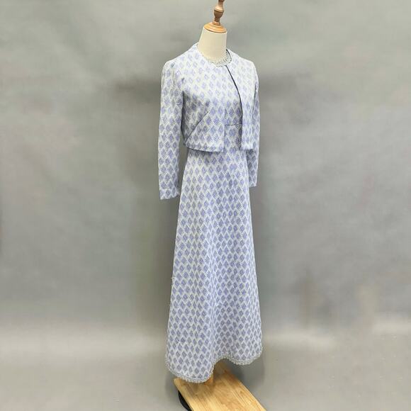 Vintage 70s polyester empire a line maxi dress w/ matching bolero jacket Small - Picture 6 of 16